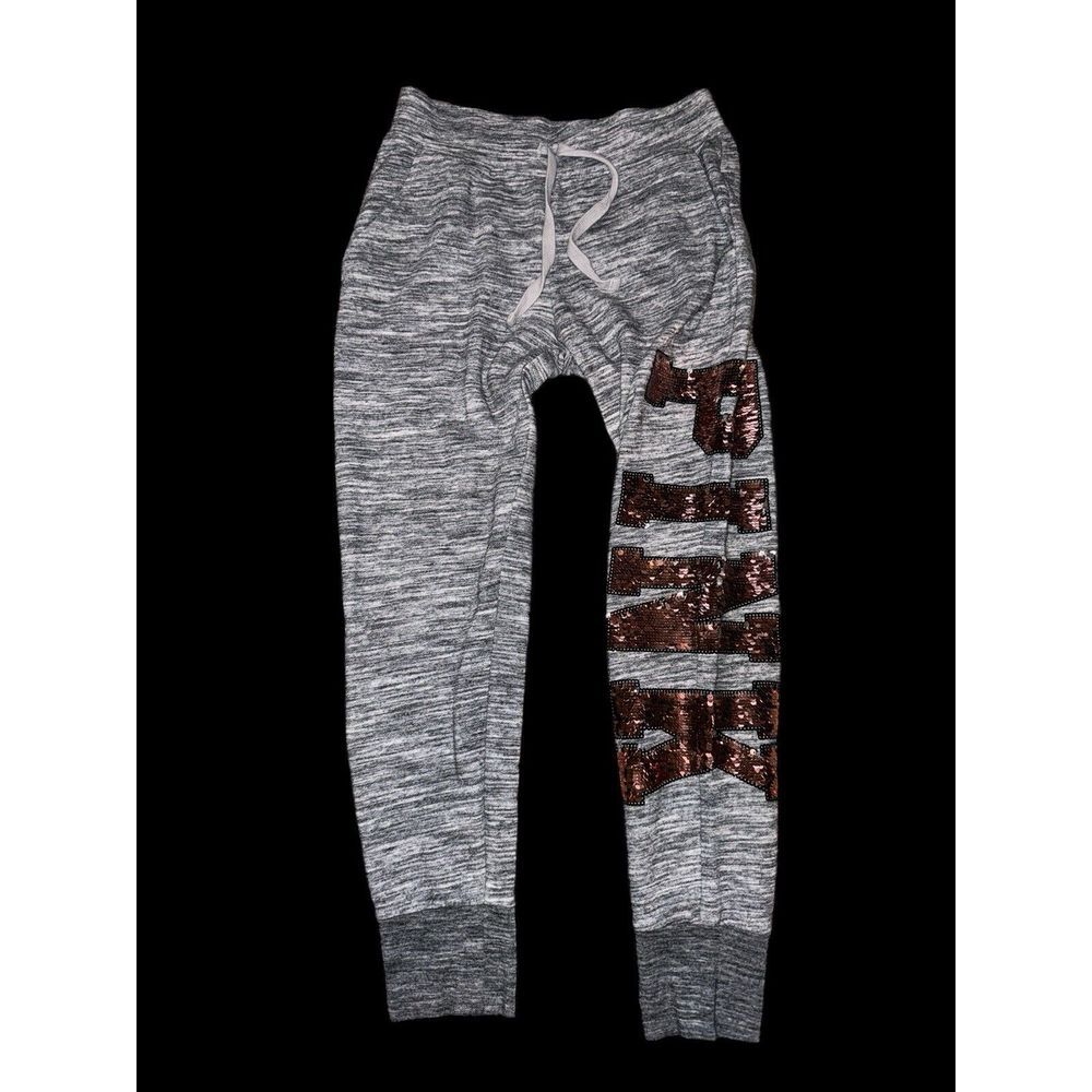 PINK Victoria's Secret Sequins Bling Skinny Joggers Sz Gold Sequin Marl Gray